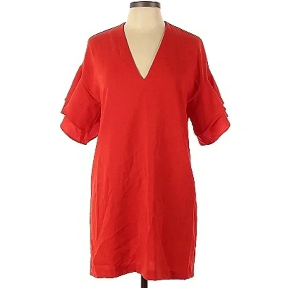 Zara Woman | Red V-Neck Ruffle Sleeve Mini Shift Dress - Picture 1 of 9